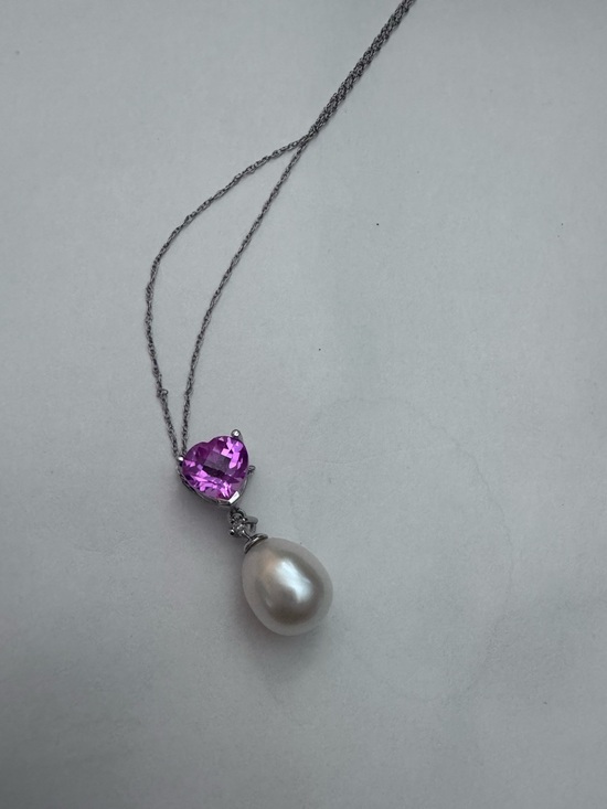 Jewelry - Fine jewelry 10k white gold necklace/pendant pink sapphire fresh water pearl